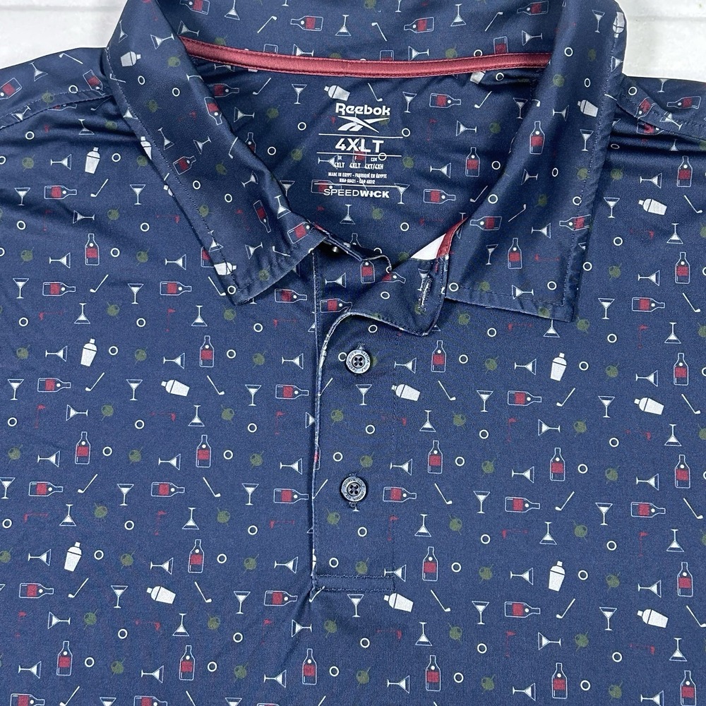 Reebok Golf Polo Men 4XLT Navy Cocktail Martini Print Speedwick Stretch Big Tall